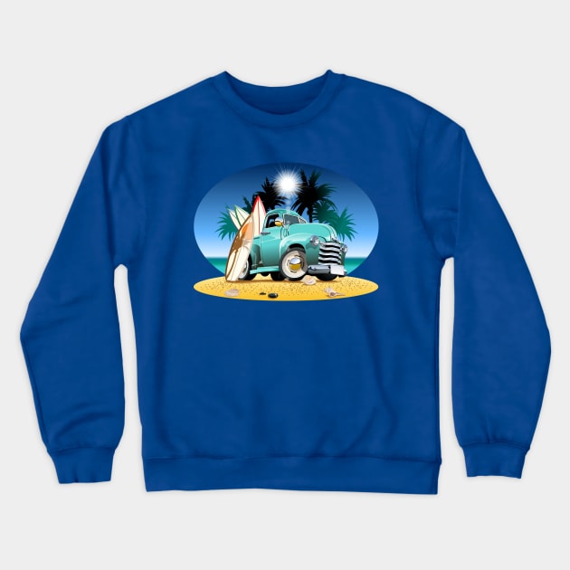 Cartoon retro pickup on beach Crewneck Sweatshirt by Mechanik